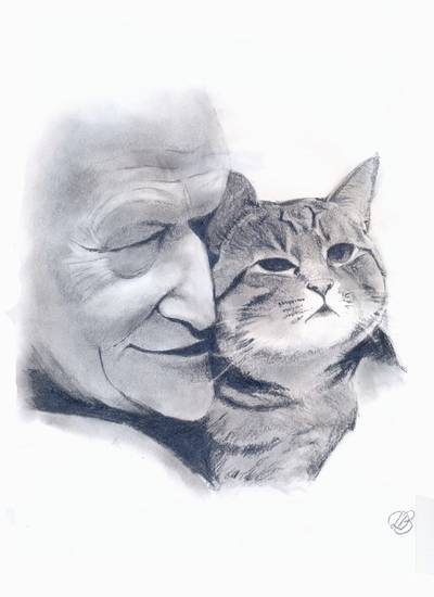 Ungaretti con il suo gatto - disegno a matita di Davide Bonazzi - 2003