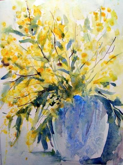 Acquerello (fiori di mimosa in un vaso blu)